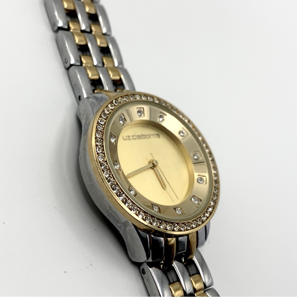 Liz Claiborne Two-Tone Crystal Bezel Watch 6.75" New Battery - Picture 9 of 14